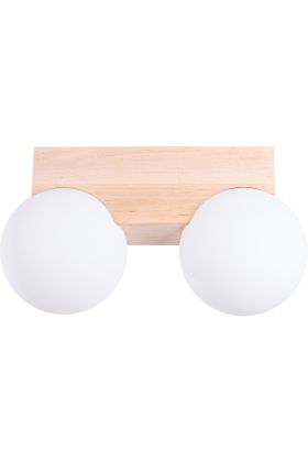 Sollux Bulbo rechthoekige houten plafondlamp met twee wit bolvormig glazen kappen van 12 cm in diameter