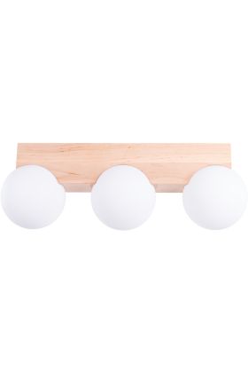 Sollux Bulbo rechthoekige houten plafondlamp van 46 cm lang met drie wit bolvormig glazen kappen van 12 cm in diameter