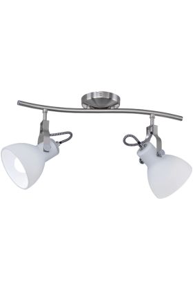 Trio Ginelli 801500207 twee wit glazen spotjes aan een staalkleurige stang