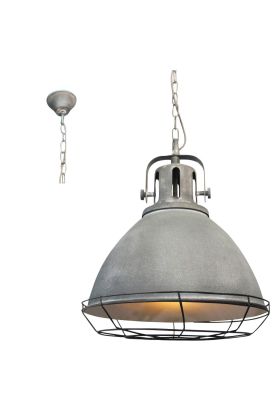 Brilliant Jesper 23771/70 Betongrijze industriele hanglamp aan ketting met warmte rooster erboven en metalen rek er onder