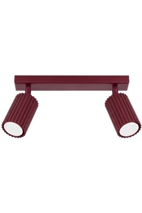 bordeauxrode plafondspot met plafondbalk van 30cm en twee geribbelde spotjes van aluminium met gu10 lampje