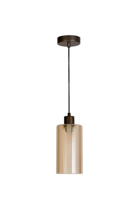 bronzen hanglamp met een kap van mat met helder gestreept amber kleurig glazen kap met een diameter van 11cm