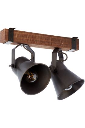 Brilliant Plow 82129/46 industriele spot van twee burned steel grote spots aan een houten balkje met twee zwarte bevestigingsbeugels