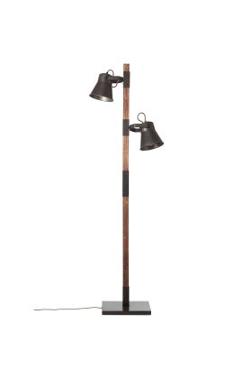 Brilliant Plow 82156/46 industriele vloerlamp van hout en burned steel. Met twee stallen spots