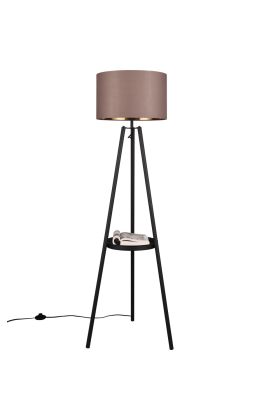 Trio Colette tripod van 152.5 cm hoog met tafeltje tussen de poten en taupe kleurige kap van textiel met een diameter van 40 cm