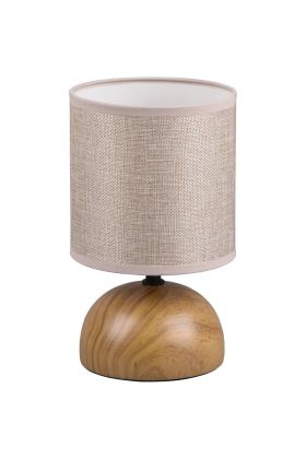 Trio Luci R50351035 tafellampje met houtkleurige bolvormige lampvoet van keramiek en beige cilindervormig kapje van textiel