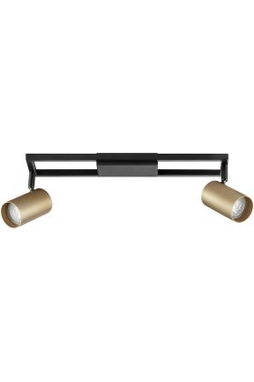 Brilliant Salor zwarte plafondspot van 48,7 cm lang met zwart frame langs het plafond en twee goudkleurige spotjes met GU10 lampjes