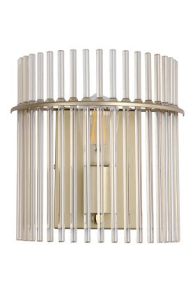 Searchlight Swizzle 55625CP wandlamp van 26cm hoog met goudkleurige wandplaat en halfronde kap van een ring met champagnekleurige glazen staafjes met E27 edison lamp in het midden