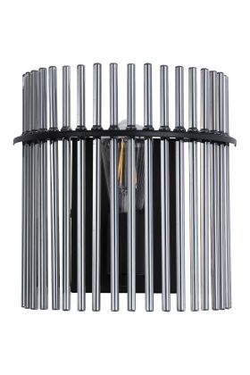 Searchlight Swizzle 55625SM wandlamp van 26cm hoog met zwarte wandplaat en halfronde kap van een ring met rookglazen staafjes met E27 edison lamp in het midden