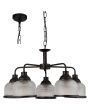 Searchlight Highworth 1685-5BK zwarte kroonluchter aan een ketting met vijf armen met elke een kapje van holofaan glas