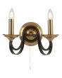 Searchlight Belfry 1842-2BZ brandende klassieke wandlamp met messing wandplaat met trekschakelaar en twee bruine armen met messing kaarslampen