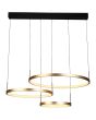 Searchlight Grace 20227-3GO brandende hanglamp met zwarte plafondbalk en drie goudkleurige ringvormige kappen met LED aan de binnenzijde