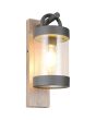 Trio Sambesi 204160135 brandende wandlamp voor buiten met een rechthoekige houtkleurige wandplaat en antraciet grijze hangende cilindervormige kap met dag nacht sensor