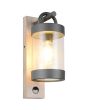 Trio Sambesi 204169135 brandende antraciet grijze wandlamp voor buiten met een rechthoekige houtkleurige wandplaat en hangende cilindervormige kap met bewegingsmelder