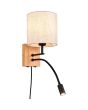 Trio Nilam 212879236 brandende landelijke wandlamp met houten wandplaat, cilindervormige creme kap en zwarte leeslamp