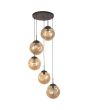 Searchlight Punch 22123-5BK hanglamp met zwarte ronde plafondplaat en vijf pendels met kappen van bolvormig gedeukt champagne kleurig glas