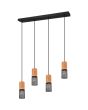 Trio Tosh 304300432 hanglamp met zwarte plafondbalk en vier cilindervormige kapjes met hout van boven en zwart gaas van onder