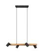 Trio Maerley 312490432 hanglamp met zwarte plafondbalk en houten balk met vier zwarte cilindervormige spots met GU10 lampje