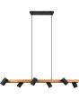 Trio Maerley 312490632 hanglamp met zwarte plafondbalk en houten balk met zes zwarte cilindervormige spots met GU10 lampje