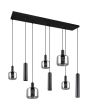 Trio Mataro 364100832 hanglamp met brede zwarte plafondbalk en vijf pendels met verchroomd glazen kappen en drie pendels met zwarte cilindervormige kappen voor GU10 lampen