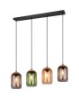 Trio Cork 364600417 brandende hanglamp met zwarte plafondbalk en amber, groen en rookglazen kappen met bovenkant van kurk