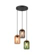 Trio Cork 364630317 brandende hanglamp met ronde zwart plafondplaat en drie pendels met amber, groen en rookglazen kappen met bovenzijde van kurk