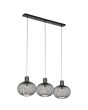 Trio Gila 365700332 brandende zwarte hanglamp met zwarte plafondbalk en drie kappen van metalen latjes