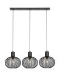 Trio Gila 365700332 zwarte hanglamp met zwarte plafondbalk en drie kappen van metalen latjes