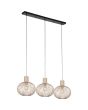Trio Gila 365700366 brandende zandkleurige hanglamp met zwarte plafondbalk en drie kappen van metalen latjes