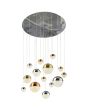 Searchlight Planets 4514-14 grote hanglamp met marmerkleurige plafondplaat met 14 pendels met bolvormige lichtgevende bollen met goud zilver en koperkleurige bovenzijden