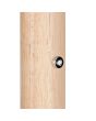 Trio Celeste 454910132 detailfoto van de touchdimmer aan het houten deel van de zwarte vloerlamp met rookglazen schijfvormige kap