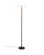 Trio Celeste 454910165 brandende zwarte vloerlamp met wit glazen schijfvormige kap en koffiebruin deel aan de paal met een touchdimmer