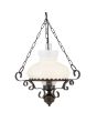 Searchlight Hurricane 576RU brandende hanglamp in de vorm van een olielamp met een diameter van 45cm met wit en helder glas hangend aan drie roestbruine kettingen