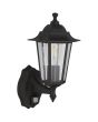 Searchlight Alex klassieke mat zwarte buitenlamp van 37cm hoog met bewegingsmelder en zes zijden met ruitje