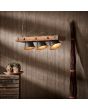 Brilliant Plow 82173/46  sfeerfoto van industriele hanglamp van hout met drie kappen van burned steel ertussen voor een houten muur