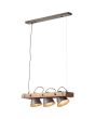 Brilliant Plow 82173/46 industriele hanglamp van hout met drie kappen van burned steel ertussen, brandend