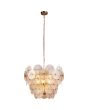 Brandende Searchlight Wagon Wheel messing hanglamp van 64cm in diameter met amber glazen schijfjes met relief