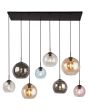 Brandende Searchlight Mardi Gras hanglamp van 151cm lang met zwarte brede plafondplaat en acht glazen bolvormige kappen in de kleuren helder roze, blauw, amber en rookglas