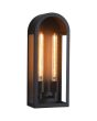 brandende zwarte buitenwandlamp van 51 cm hoog in de vorm van een abri met twee staande T32 30 cm hoge filament lampen