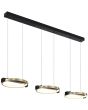 Searchlight Aerial 62330-3GO brandende hanglamp van 106cm met zwarte plafondbalk en drie kappen van messing kleurige ringen met LED aan de binnenzijde