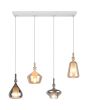Brandende 74,5 cm lange Trio Aldea hanglamp met witte plafondbalk en vier pendels met amber en rookglazen kappen met wit glazen binnenschaal