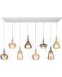 Brandende 125 cm lange Trio Aldea hanglamp met witte plafondbalk en acht pendels met amber en rookglazen kappen met wit glazen binnenschaal