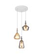 Brandende Trio Aldea hanglamp van 35,5 cm in diameter met witte plafondplaat en drie pendels met 1 amber en twee rookglazen kappen met wit glazen binnenschaal