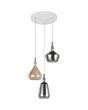 Trio Aldea hanglamp van 35,5 cm in diameter met witte plafondplaat en drie pendels met 1 amber en twee rookglazen kappen met wit glazen binnenschaal
