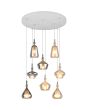 Brandende Trio Aldea hanglamp van 72 cm in diameter met witte plafondplaat en acht pendels met vier amber en vier rookglazen kappen met wit glazen binnenschaal