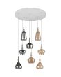 Trio Aldea hanglamp van 72 cm in diameter met witte plafondplaat en acht pendels met vier amber en vier rookglazen kappen met wit glazen binnenschaal