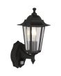 Searchlight Alex brandende klassieke mat zwarte buitenlamp van 37cm hoog met bewegingsmelder en zes zijden met ruitje