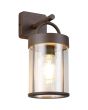 Brandende Reality Almeria roestbruine wandlamp voor buiten van 29cm hoog met hangende cilindervormige lantaarn van transparant kunststof