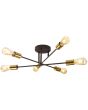 Brandende Searchlight Armstrong zwarte plafondlamp met drie stangen en zes messing fittingen met elk een edison lamp