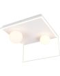 Brandende Trio Arola witte plafondlamp met metalen frame met LED rand en twee wit glazen bollon aan een metalen plafondplaat van 37,5 bij 36 cm met schakelaar en DIP schakelaar